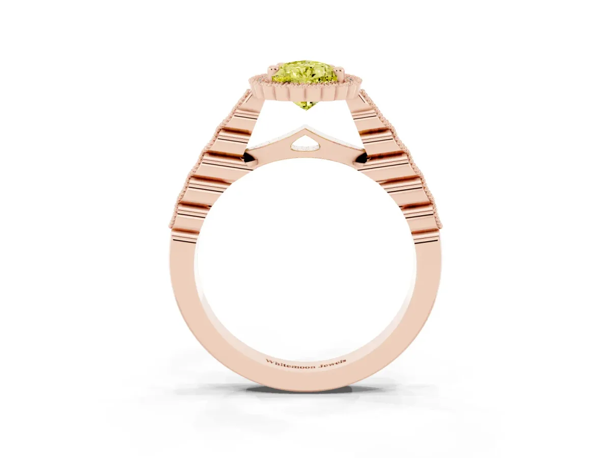Fancy Yellow Pear Cut Cut Halo Pavé Solitaire Ring with Milgrain Band Rose gold