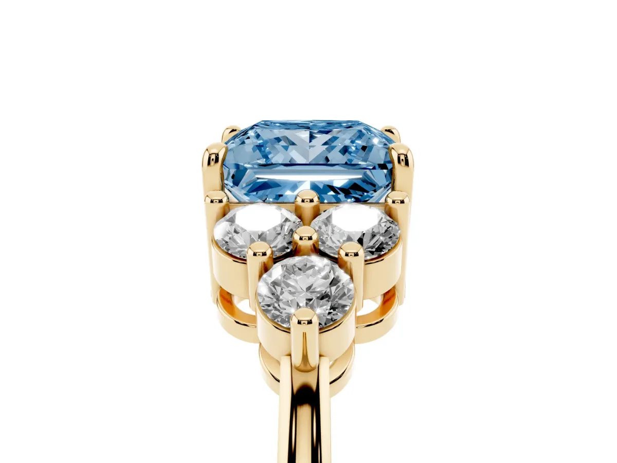 Fancy Blue Princess Cut Brilliant Diamond Cluster Accent Solitaire Ring with Prong Setting Yellow gold
