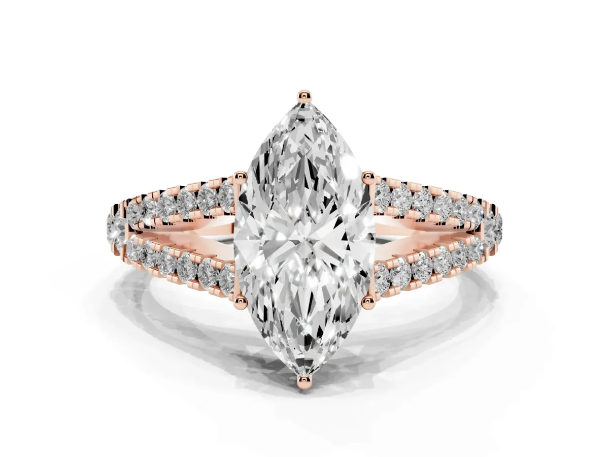Marquise Cut Diamond Split Shank Engagement Ring with Round Pavé and Prong Setting Rose gold