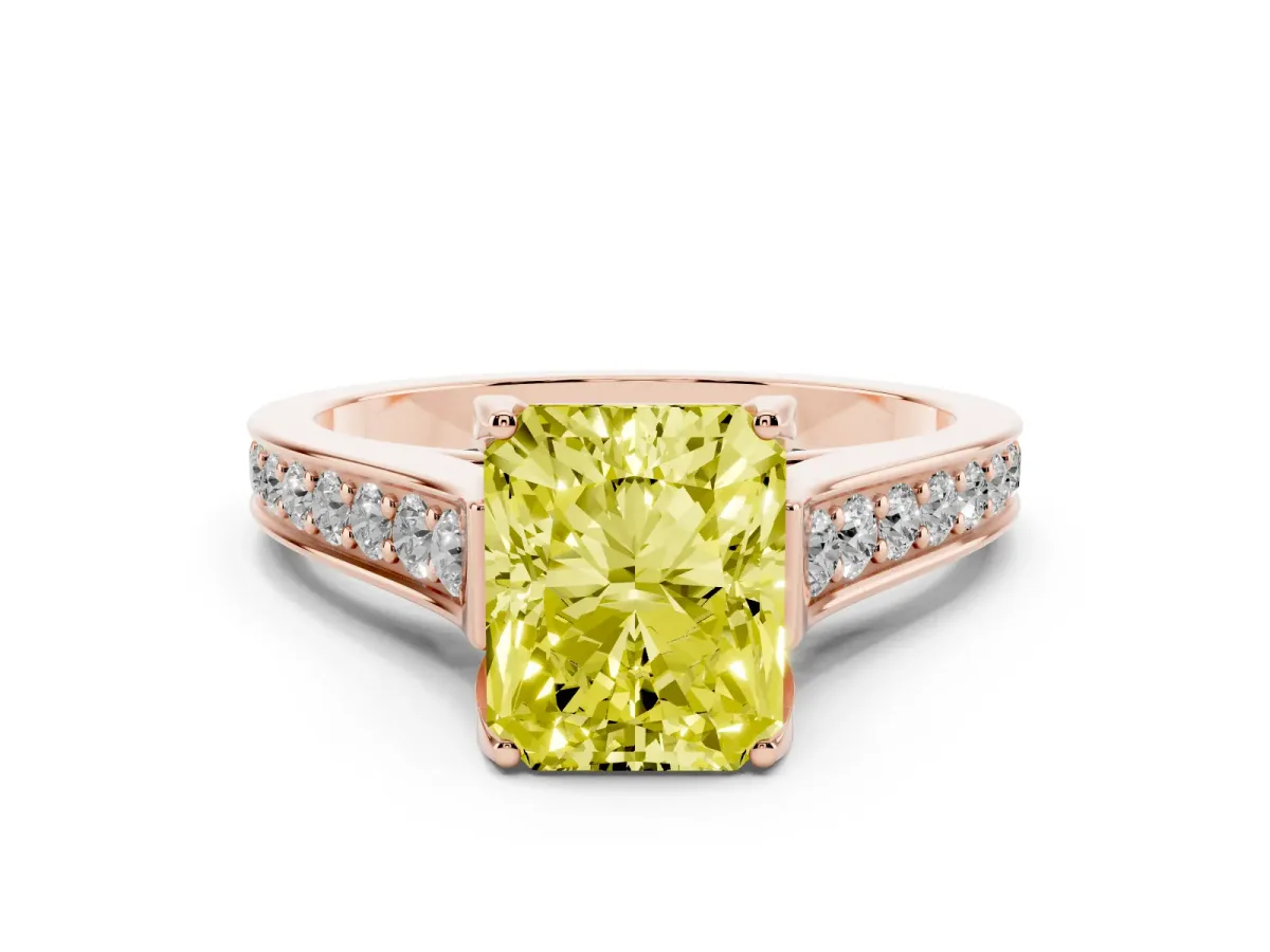 Fancy Yellow Radiant Cut Brilliant Cut Diamond Engagement Ring with Pavé Band and Four-Prong Setting Rose gold