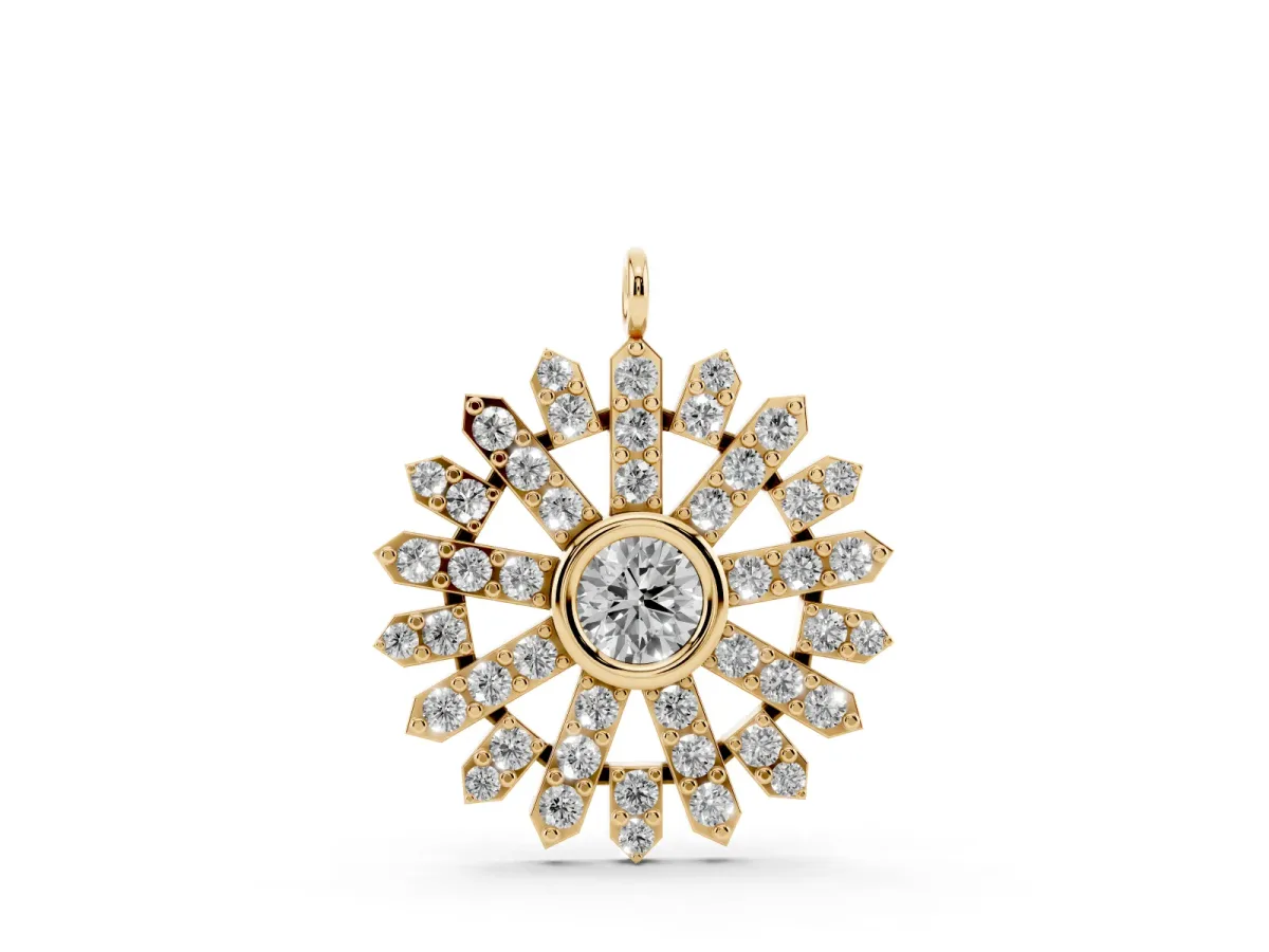 Round Diamond Snowflake Pendant with Pavé Setting Yellow gold