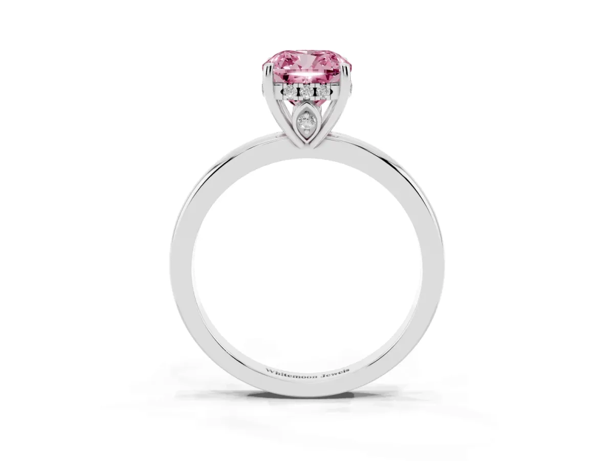 Fancy Pink Cushion Cut Solitaire Diamond Ring with Prong Setting and Plain Band White gold