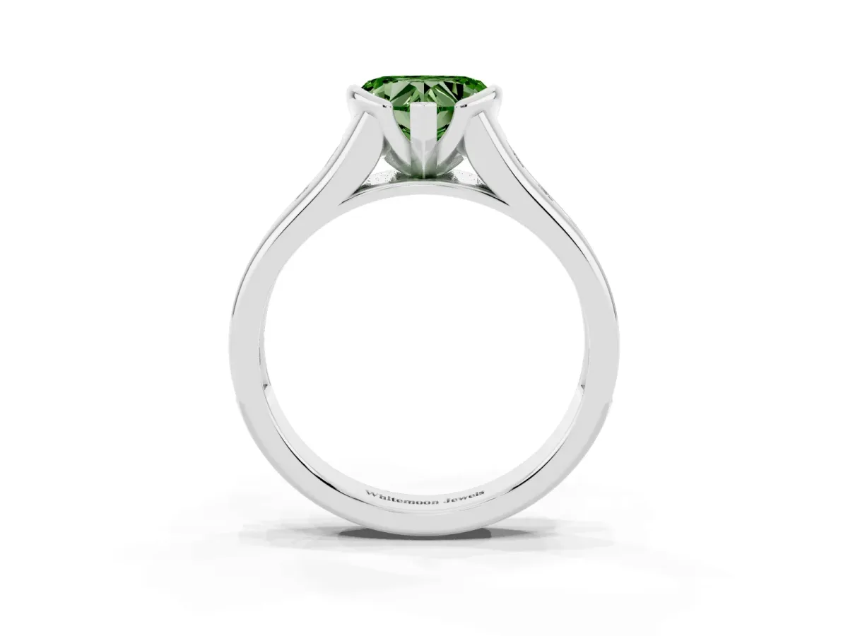 Fancy Green Heart Cut Solitaire Bezel-Set Diamond Ring with Channel-Set Band Silver