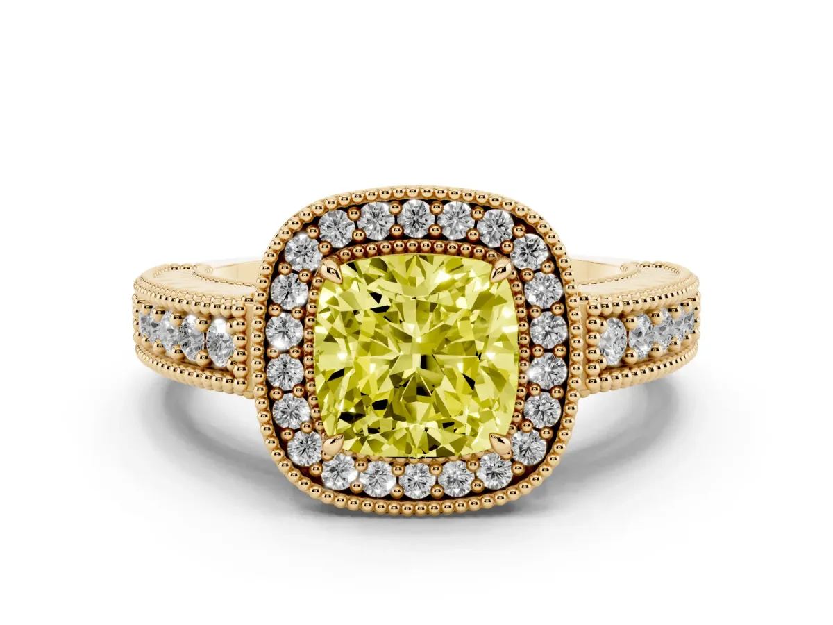 Fancy Yellow Cushion Cut Cut Halo Diamond Ring with Pavé Band and Four-Prong Setting Yellow gold
