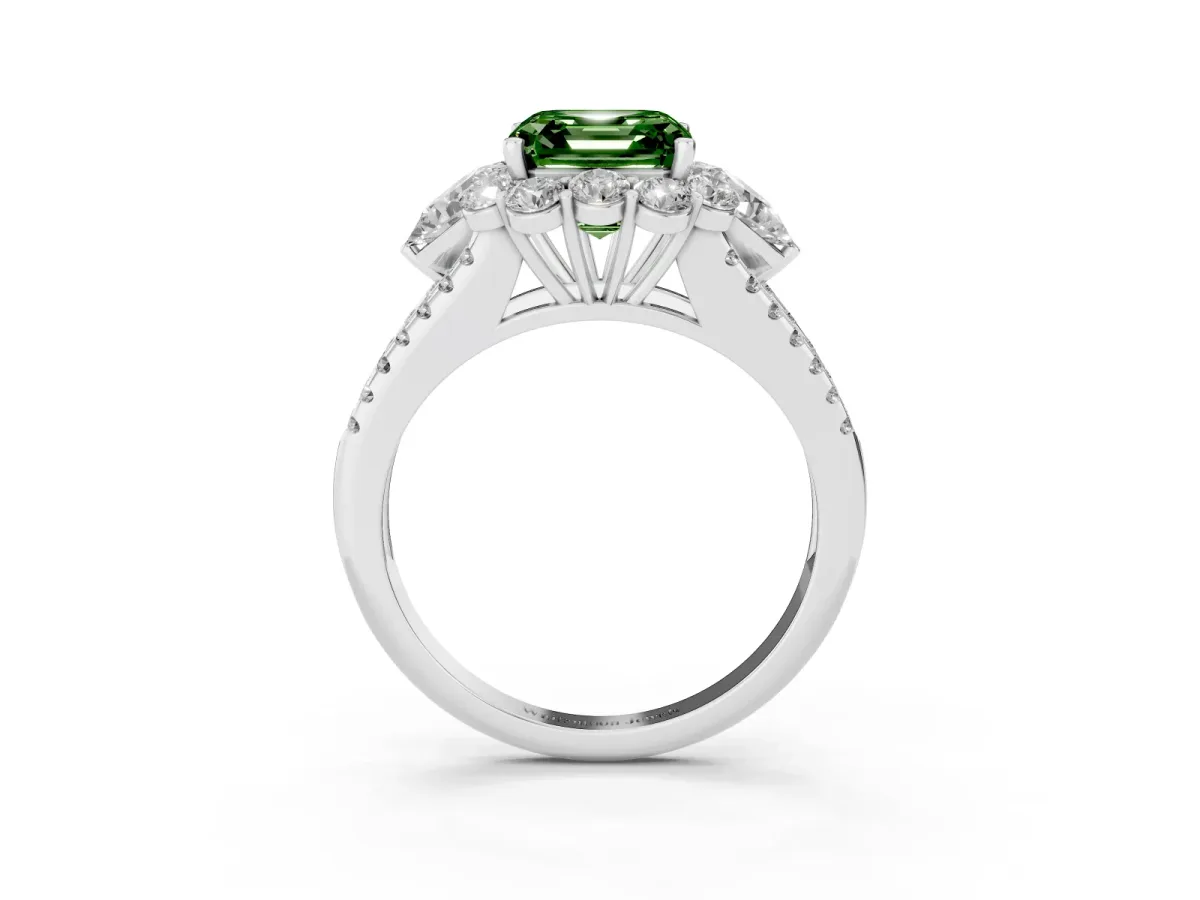 Fancy Green Asscher Cut Halo Split Shank Diamond Engagement Ring with Prong Setting Silver