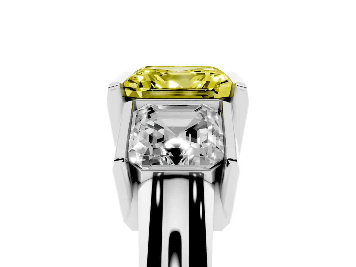 Fancy Yellow Three Stone Asscher Cut Cut Channel Set Diamond Ring Silver