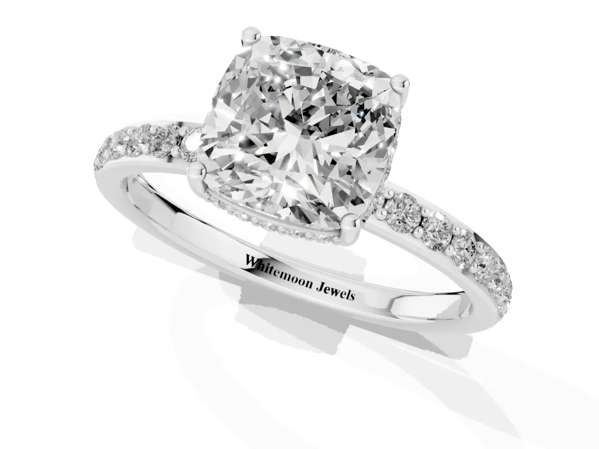 Cushion Cut Diamond Solitaire Ring with Pavé Band and Hidden Halo Silver