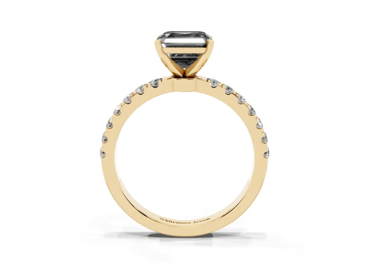 Fancy Black Asscher Cut Diamond Solitaire Ring with Pavé Accents and Four-Prong Setting Yellow gold
