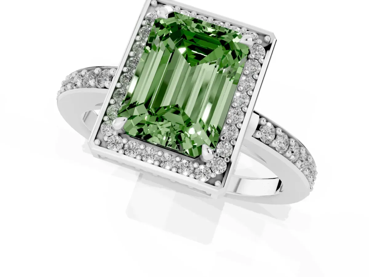 Fancy Green Emerald Cut Halo Pave Band Solitaire Ring with Prong Setting Silver