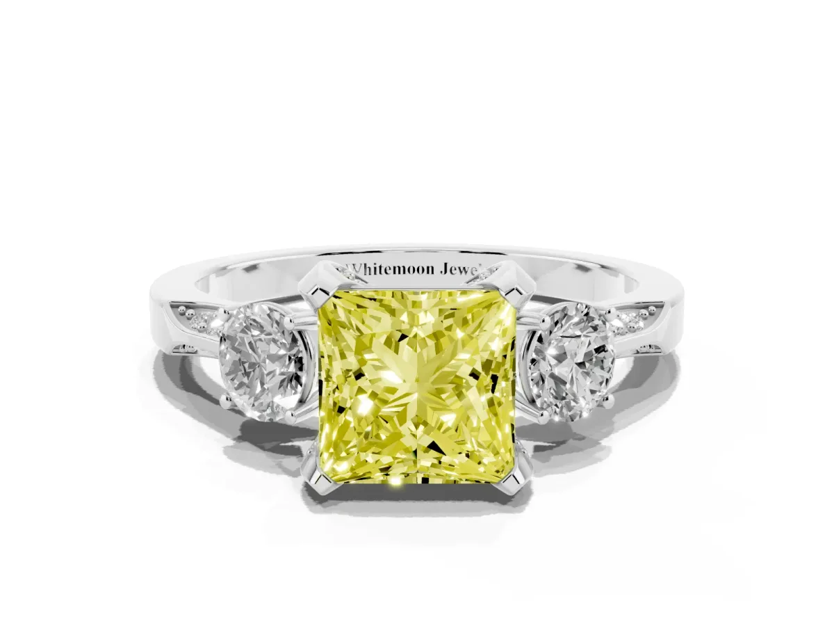 Fancy Yellow Princess Cut Brilliant Three-Stone Diamond Ring with Pavé Band and Four-Prong Setting White gold