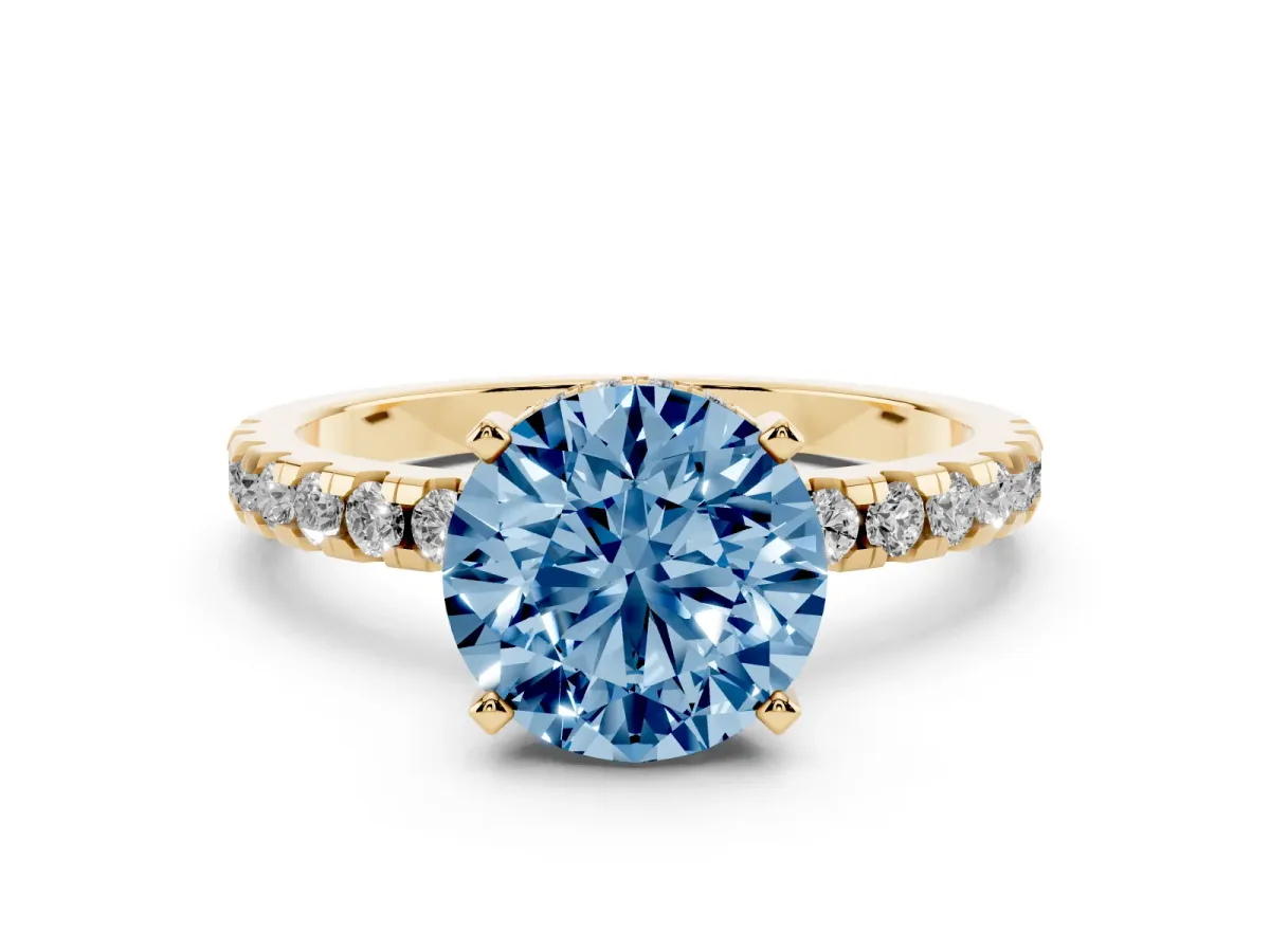 Fancy Blue Round Cut Diamond Solitaire Ring with Round Pavé Band and Four-Prong Setting Yellow gold