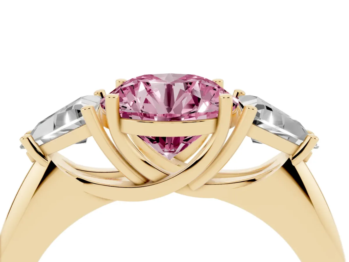 Fancy Pink Three-Stone Round Cut Diamond Engagement Ring with Trillion Side Stones and Prong Setting Yellow gold