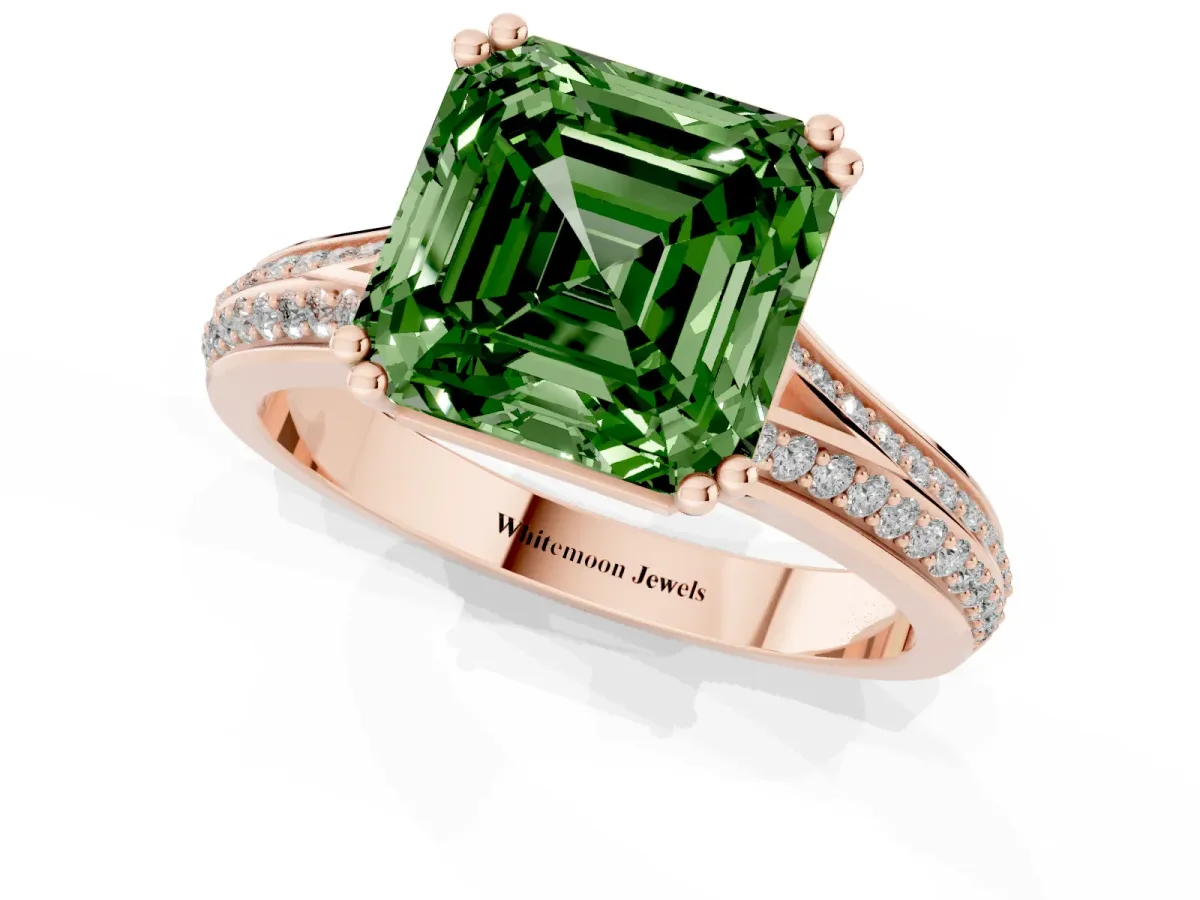 Fancy Green Asscher Cut Diamond Split Shank Engagement Ring with Pavé Band Rose gold