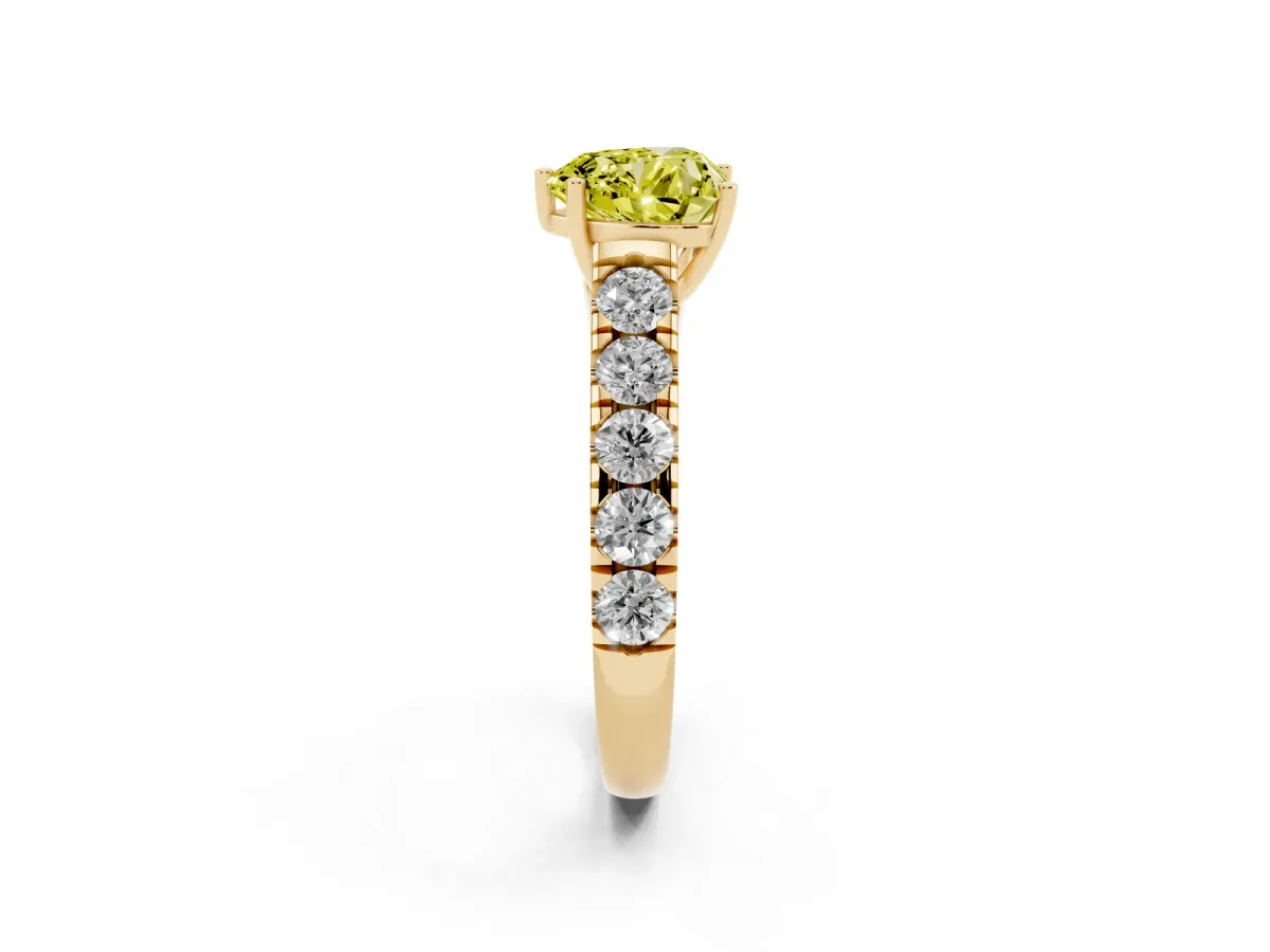 Fancy Yellow Heart Cut Cut Diamond Solitaire Ring with Micro Pave Band and Prong Setting Yellow gold