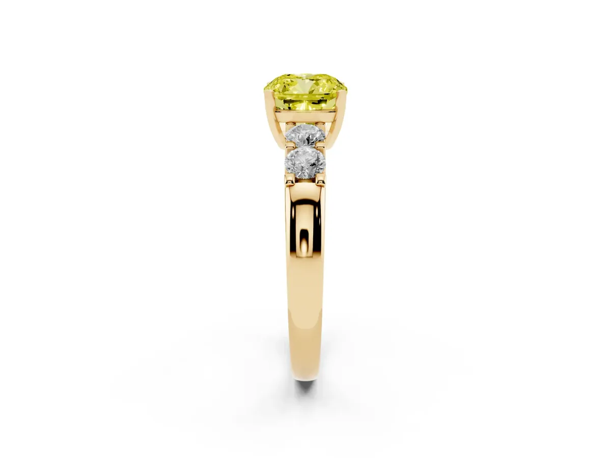 Fancy Yellow Cushion Cut Brilliant Cut Diamond Five-Stone Prong Set Engagement Ring with Channel Band Yellow gold