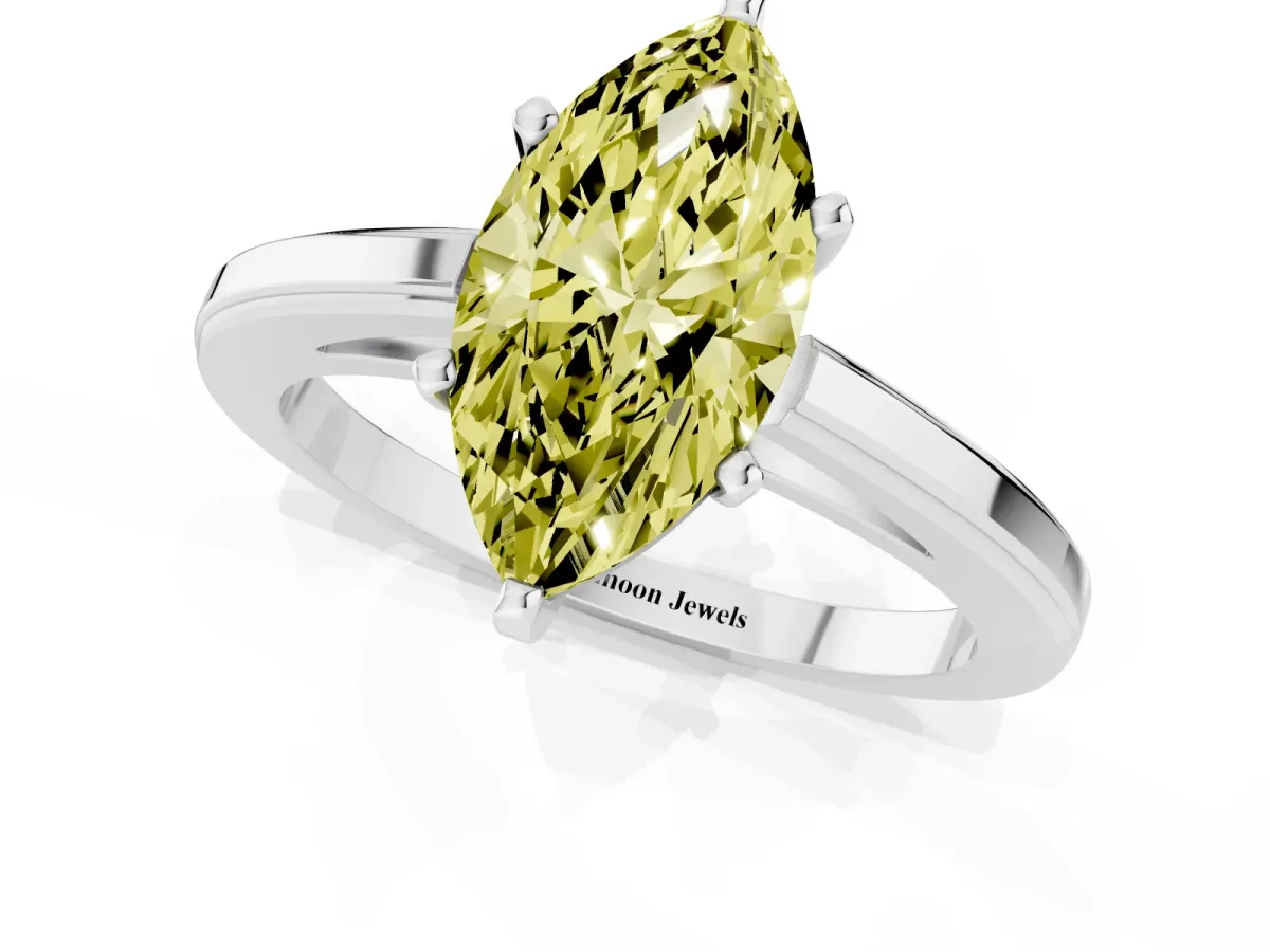 Fancy Yellow Marquise Cut Solitaire Diamond Ring with Four-Prong Setting and Classic Band Platinum