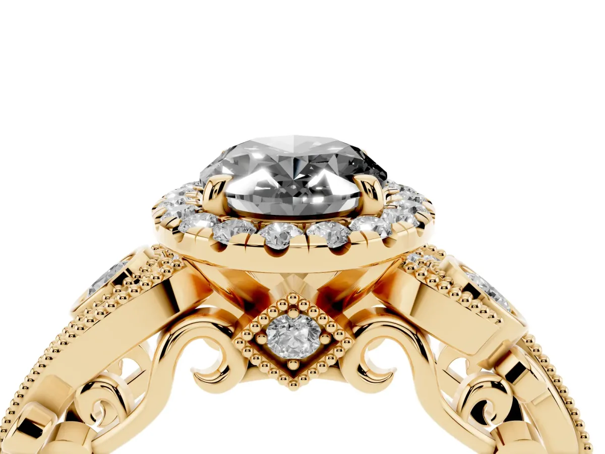 Fancy Black Oval Cut Halo Diamond Ring with Milgrain and Bezel Accents on a Split Shank Band Yellow gold