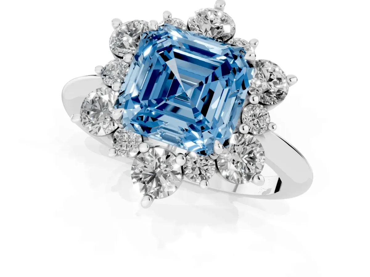 Fancy Blue Asscher Cut Diamond Cluster Halo Ring with Solitaire Band and Four-Prong Setting Silver