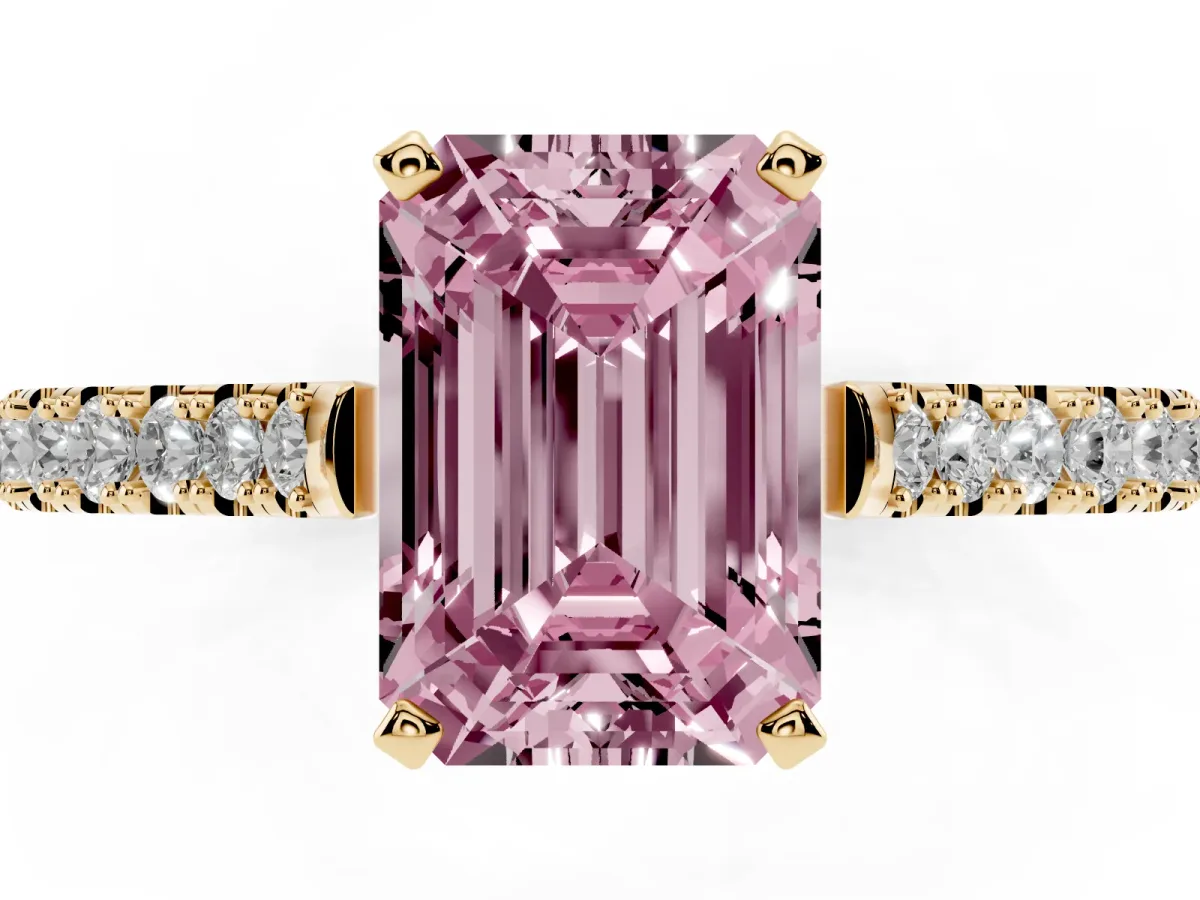 Fancy Pink Emerald Cut Cut Solitaire Diamond Engagement Ring with Pave Band and Four-Prong Setting Yellow gold