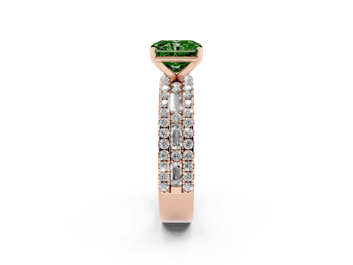 Fancy Green Radiant Cut Diamond Solitaire Ring with Pavé and Channel Set Band Rose gold