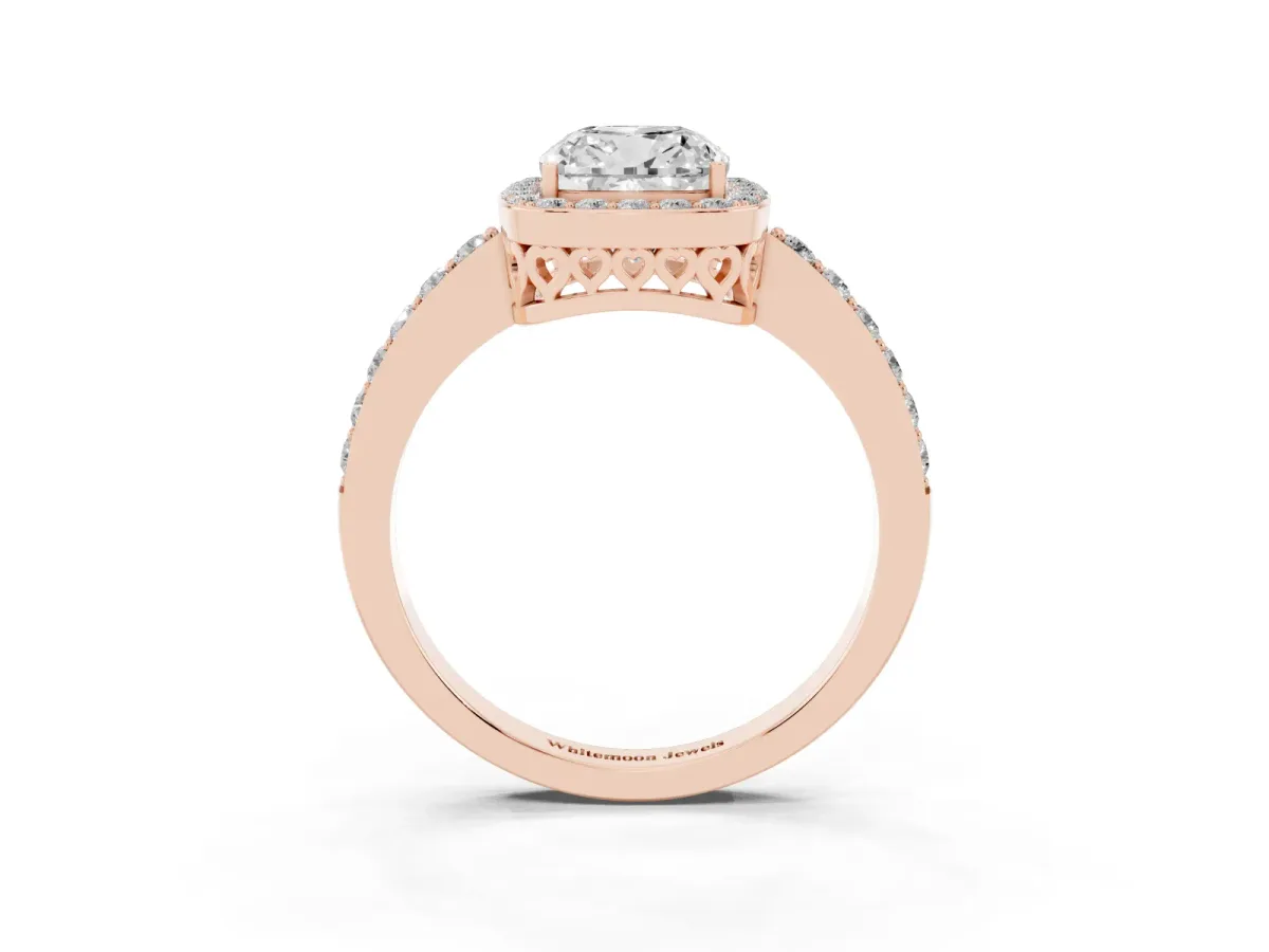 Cushion Cut Halo Diamond Pavé Band Ring with Prong Setting Rose gold