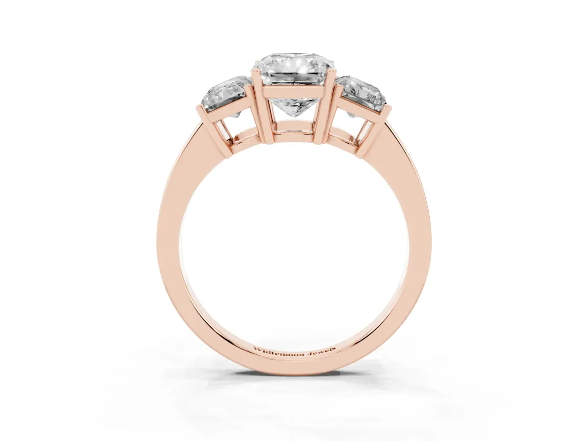 Three-Stone Radiant Cut Cut Diamond Engagement Ring with Flat Band and Four-Prong Setting Rose gold