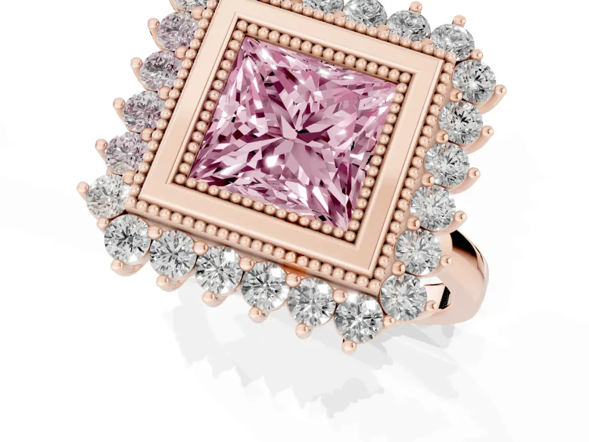 Fancy Pink Princess Cut Halo Diamond Ring with Milgrain Edge and Round Prong Setting Rose gold