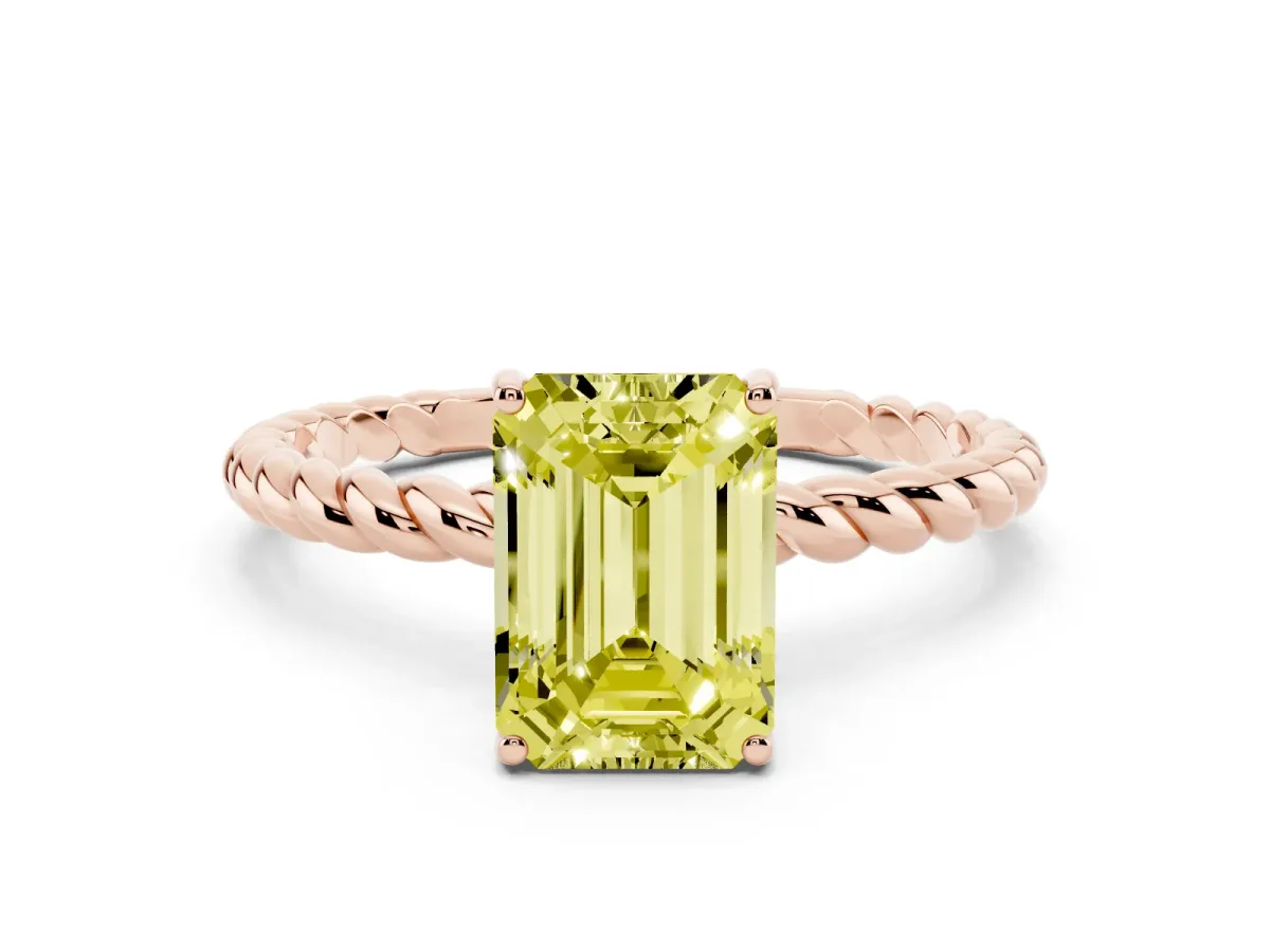 Fancy Yellow Emerald Cut Solitaire Twisted Band 4-Prong Ring Rose gold