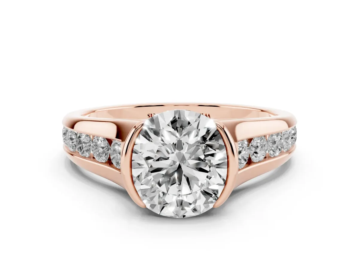 Round Cut Solitaire Bezel-Set Diamond Ring with Channel-Set Band Rose gold