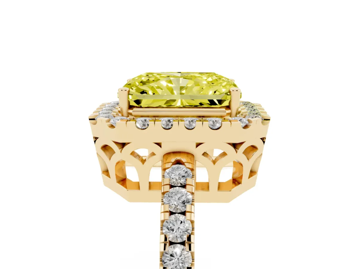 Fancy Yellow Radiant Cut Halo Diamond Engagement Ring with Pavé Band and Four-Prong Setting Yellow gold