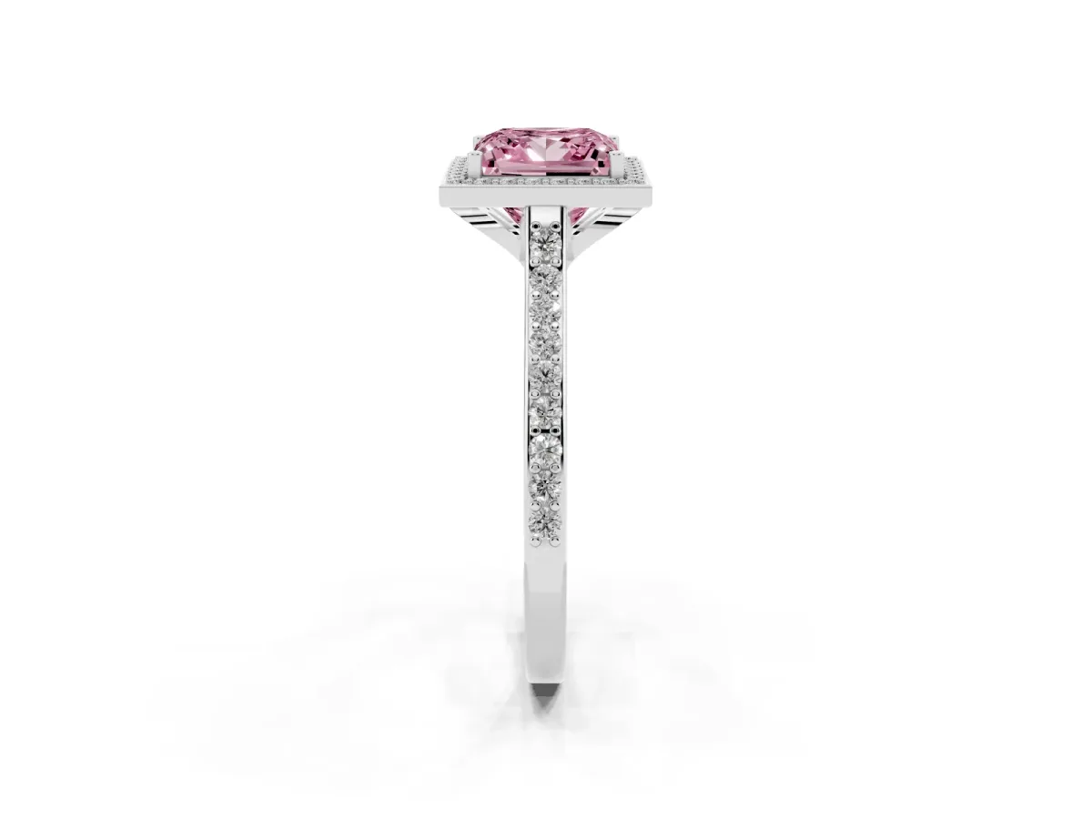 Fancy Pink Princess Cut Diamond Halo Engagement Ring with Round Pavé Shoulders and Prong Setting Silver