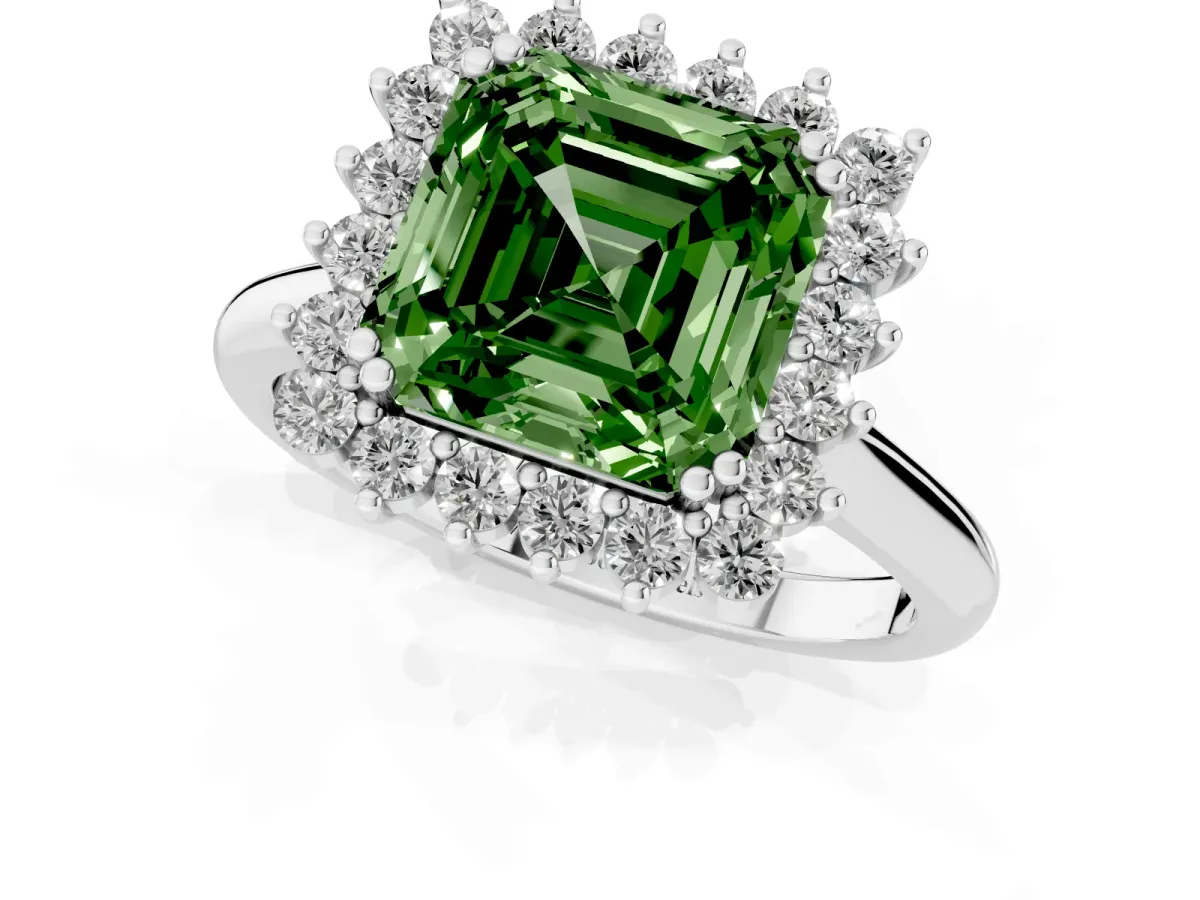 Fancy Green Asscher Cut Cut Diamond Halo Ring with Solitaire Band and Prong Setting Silver