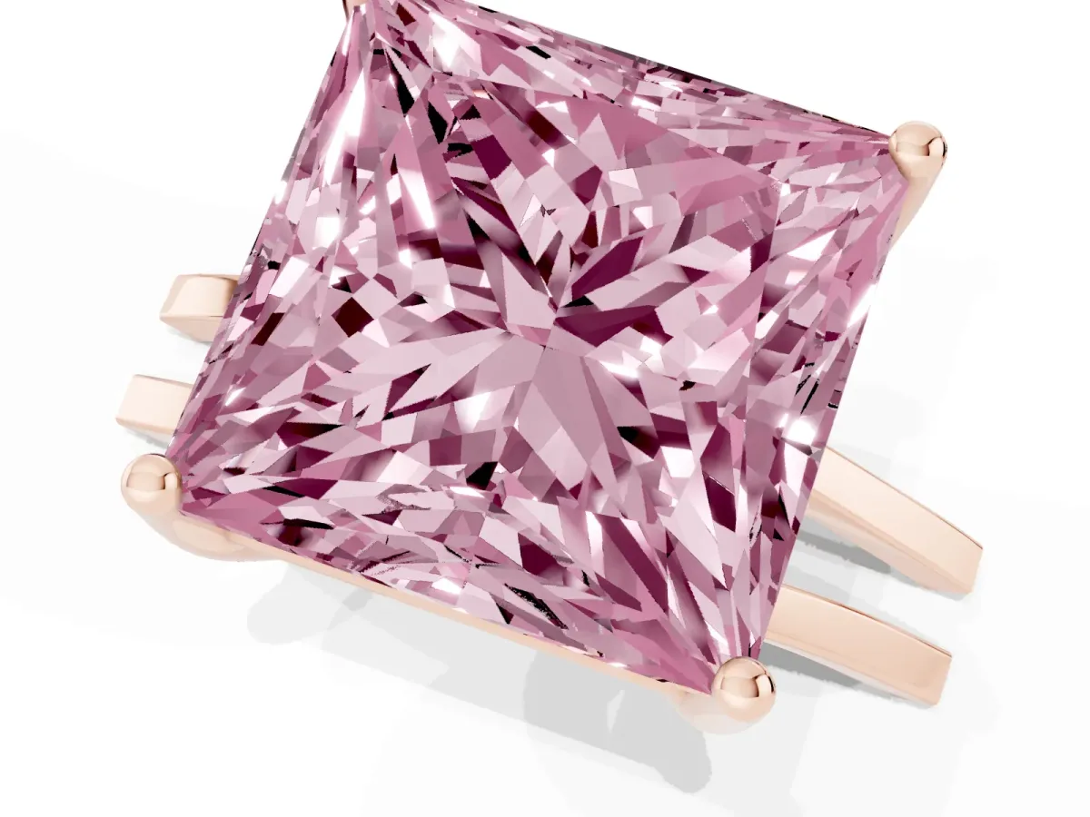 Fancy Pink Princess Cut Cut Diamond Solitaire Engagement Ring with Tapered Plain Band and Four-Prong Setting Rose gold