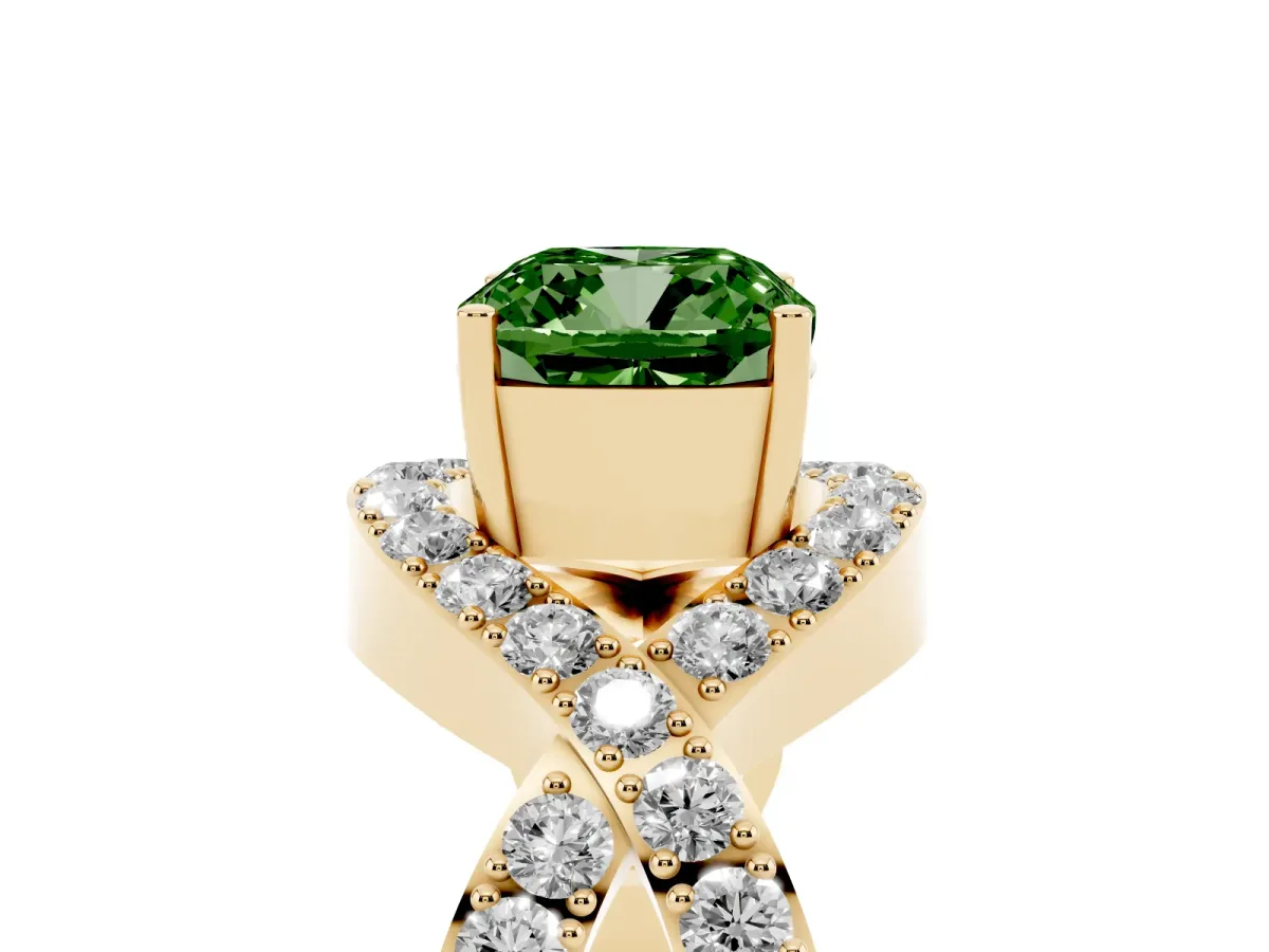 Fancy Green Cushion Cut Solitaire Twist Band Pavé Diamond Engagement Ring Yellow gold