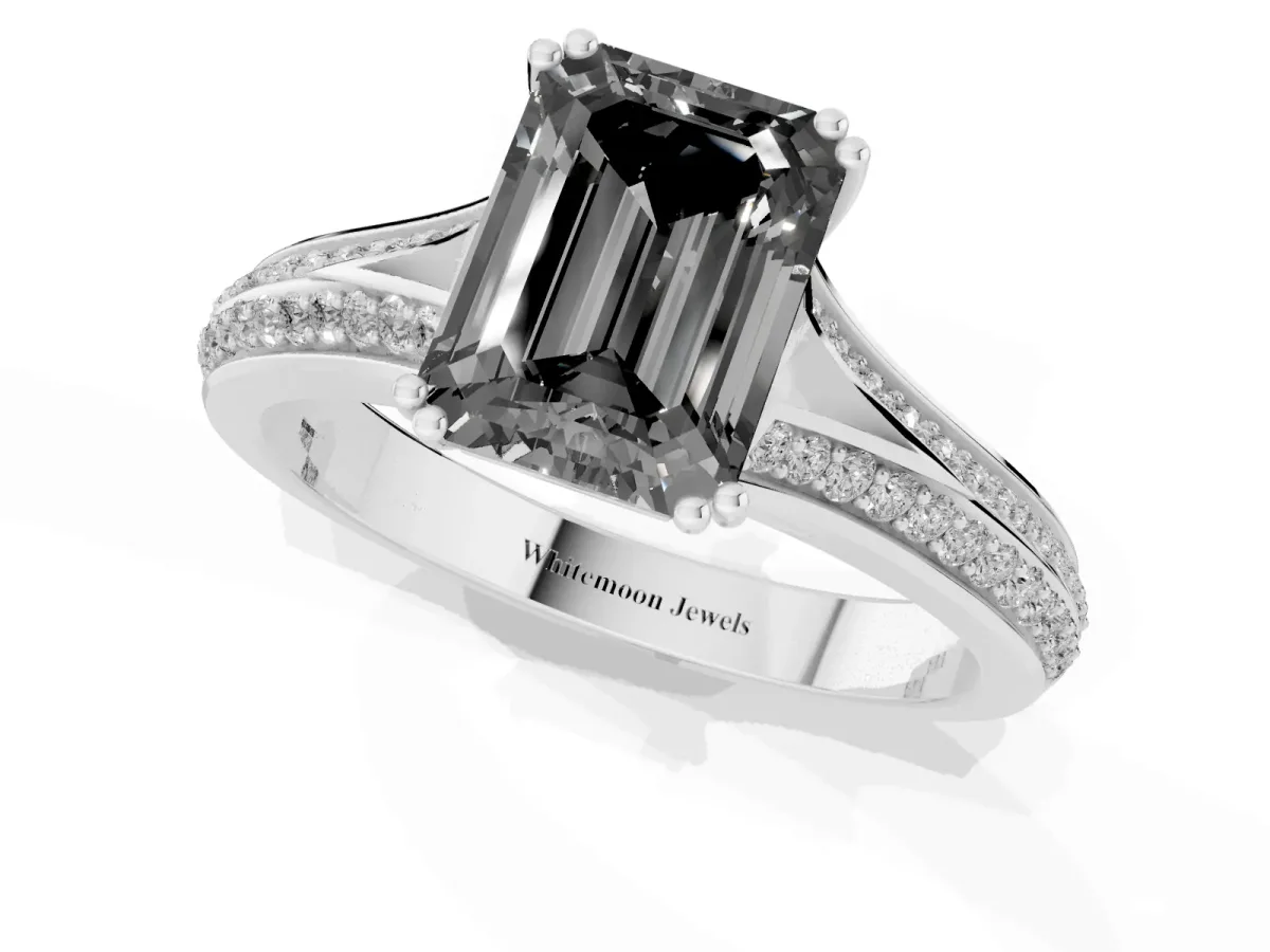 Fancy Black Emerald Cut Diamond Split Shank Engagement Ring with Pavé Band Silver