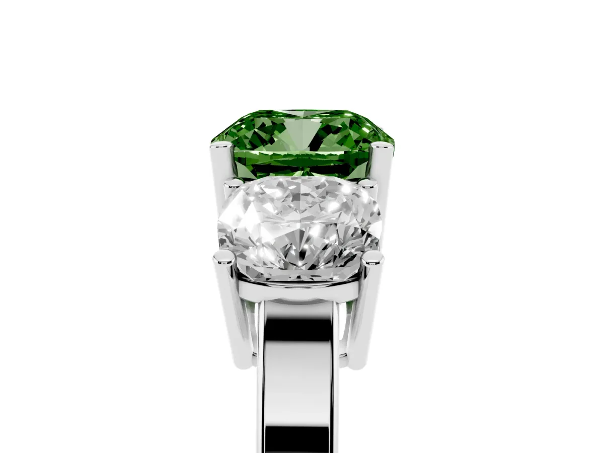 Fancy Green Three-Stone Cushion Cut Cut Diamond Engagement Ring with Flat Band and Four-Prong Setting Silver