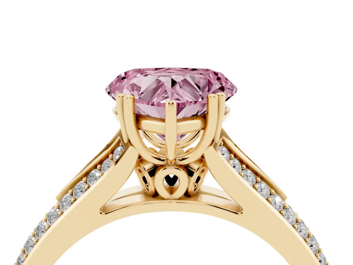 Fancy Pink Heart Cut Diamond Split Shank Engagement Ring with Pavé Band Yellow gold
