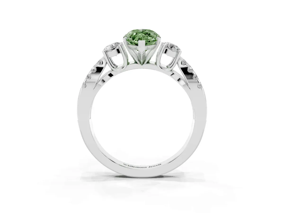 Fancy Green Marquise Cut Diamond Three-Stone Ring with Pavé Split Shank and Four-Prong Setting Silver