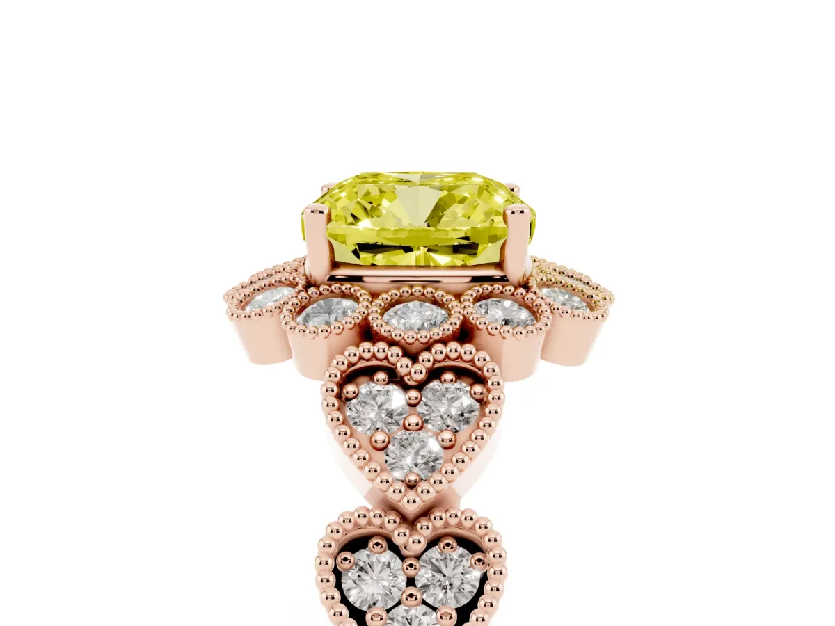 Fancy Yellow Cushion Cut Brilliant Milgrain Pave Heart Band Solitaire Ring Rose gold