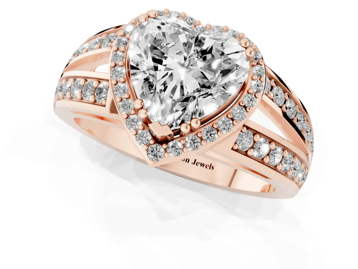 Heart Cut Diamond Halo Ring with Split Shank Pavé Band and Four-Prong Setting Rose gold