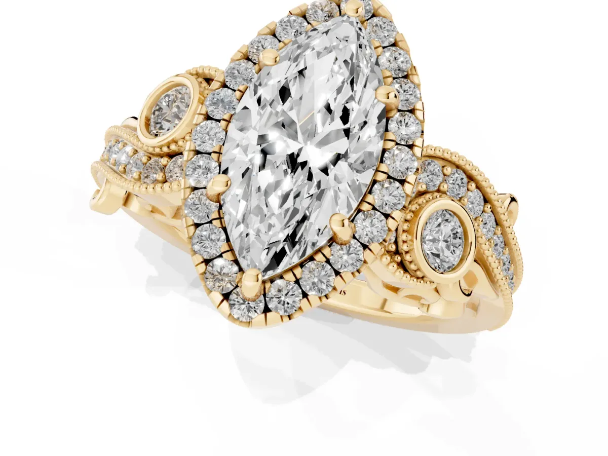 Marquise Cut Halo Diamond Ring with Milgrain and Bezel Accents on a Split Shank Band Yellow gold