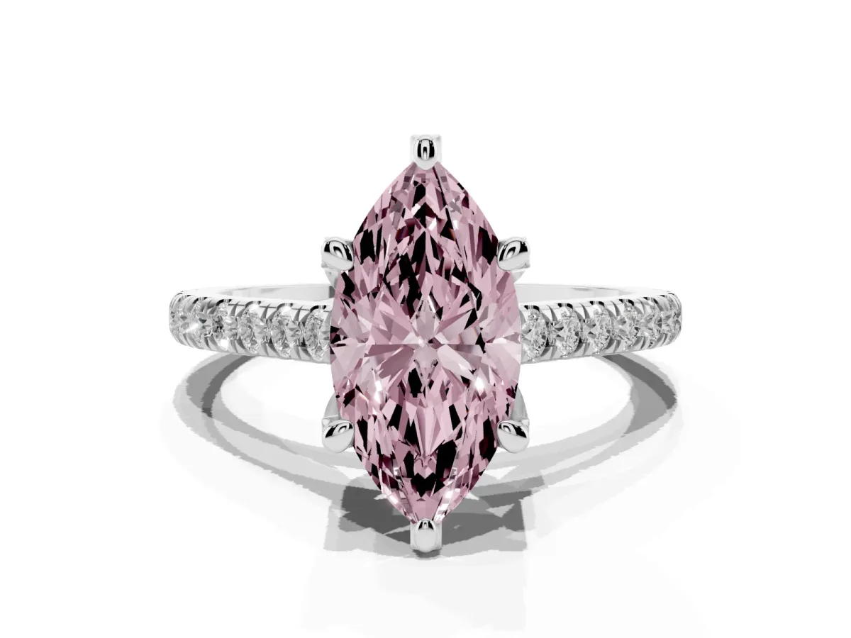 Fancy Pink Marquise Cut Brilliant Diamond Solitaire with Pavé Band and Four-Prong Setting Silver