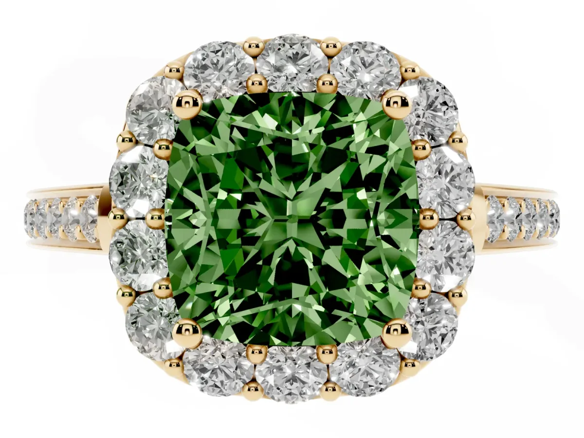 Fancy Green Cushion Cut Diamond Floral Halo Ring with Pavé Band and Prong Setting Yellow gold