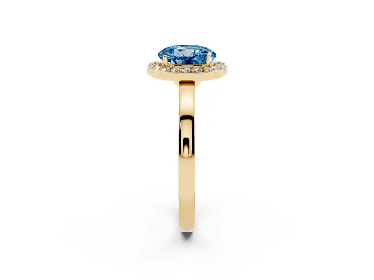 Fancy Blue Round Cut Halo Diamond Ring with Solitaire Band and Prong Setting Yellow gold
