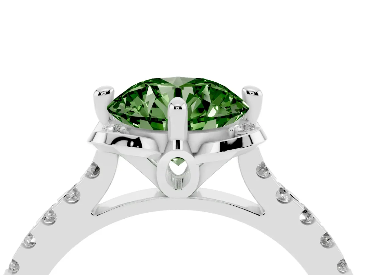 Fancy Green Round Cut Diamond Ring with Pavé Band and Floral Prong Setting Silver