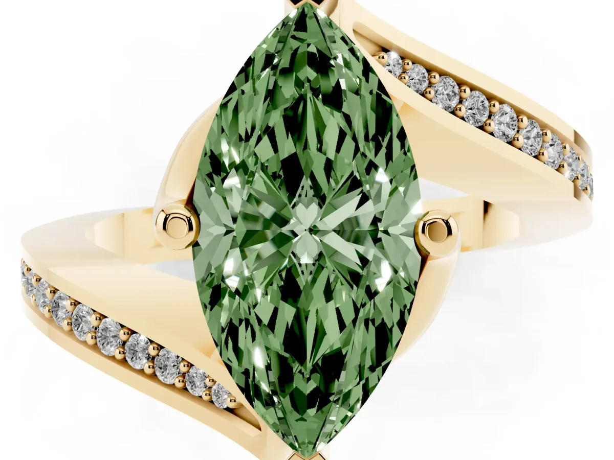 Fancy Green Marquise Cut Solitaire Diamond Twist Band with Pavé Setting and Four-Prong Setting Yellow gold