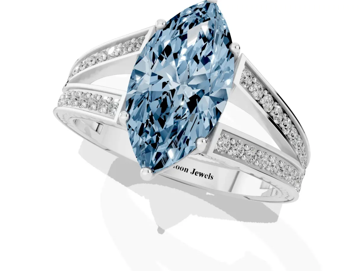 Fancy Blue Marquise Cut Diamond Split Shank Ring with Pavé Band and Four-Prong Setting Platinum
