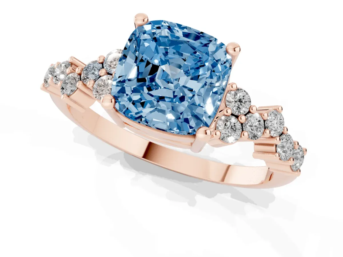 Fancy Blue Cushion Cut Diamond Scattered Round Accent Ring with Prong Setting Rose gold