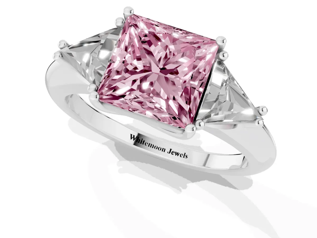 Fancy Pink Three-Stone Princess Cut Diamond Engagement Ring with Trillion Side Stones and Prong Setting White gold