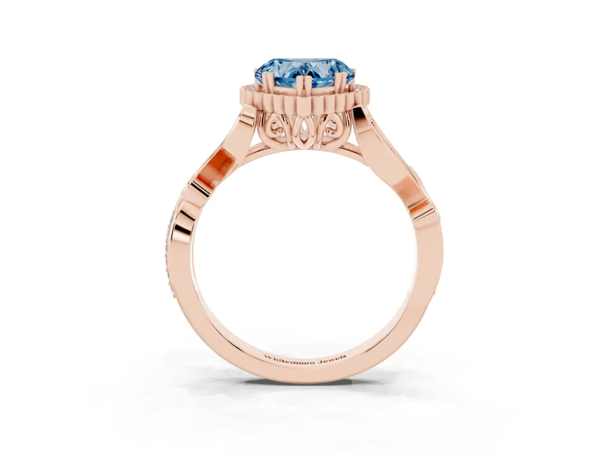 Fancy Blue Heart Cut Diamond Halo Ring with Vintage Split Shank and Four-Prong Setting Rose gold